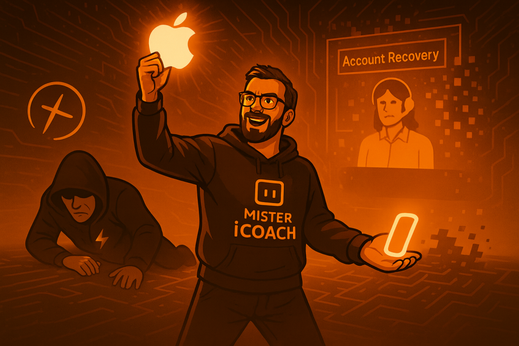 Illustration stylisée en tons orange représentant Mister iCoach neutralisant un hacker, tenant un logo lumineux et un smartphone, avec une interface de récupération de compte en arrière-plan.