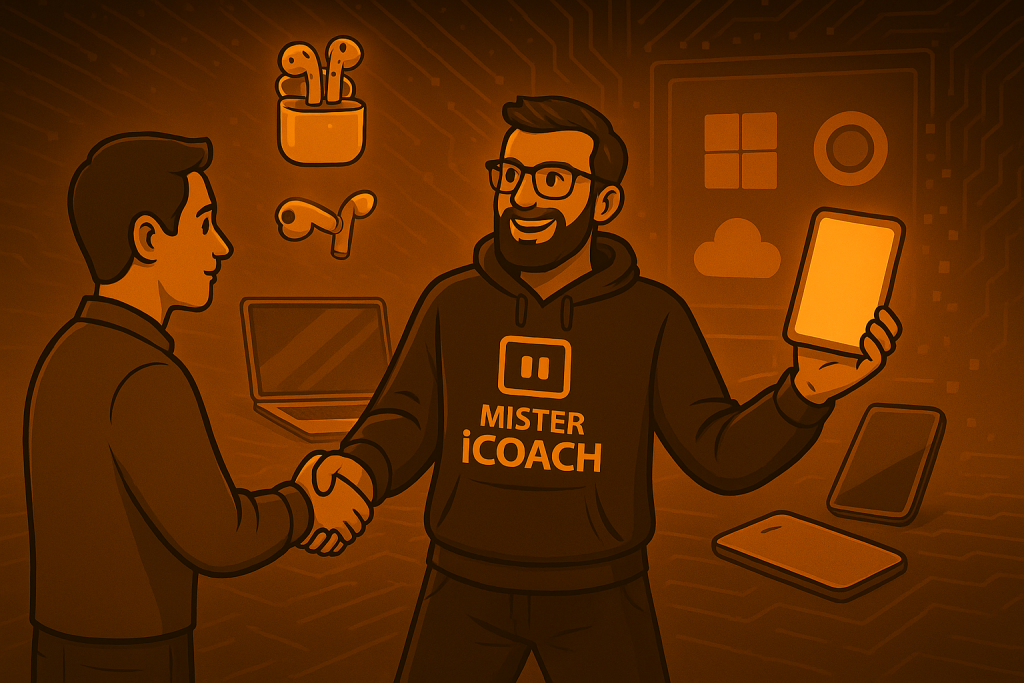 Illustration en nuances d’orange représentant Mister iCoach conseillant un client sur l’achat d’un appareil, dans un style graphique moderne et technologique.
