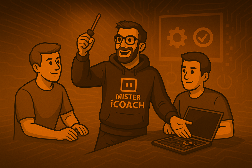 Illustration en tons orange représentant Mister iCoach réparant un ordinateur, avec des outils et un environnement technologique en arrière-plan.