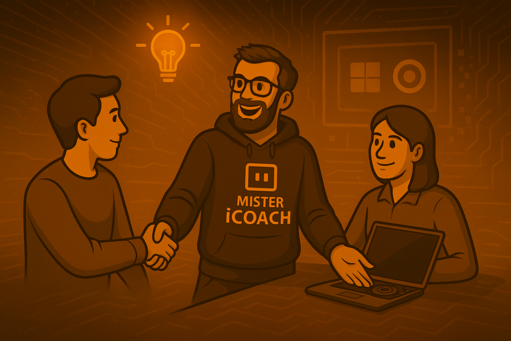 Illustration en nuances d’orange montrant Mister iCoach accompagnant un client dans l’utilisation de ses outils numériques.
